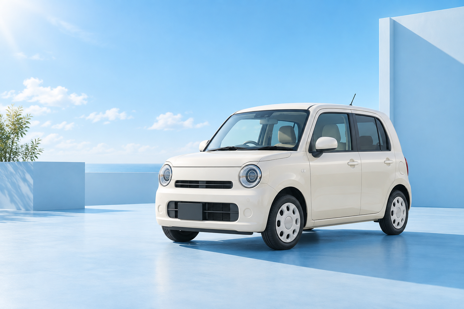 明るいブルーの背景に白い軽自動車を配したサービスイメージ